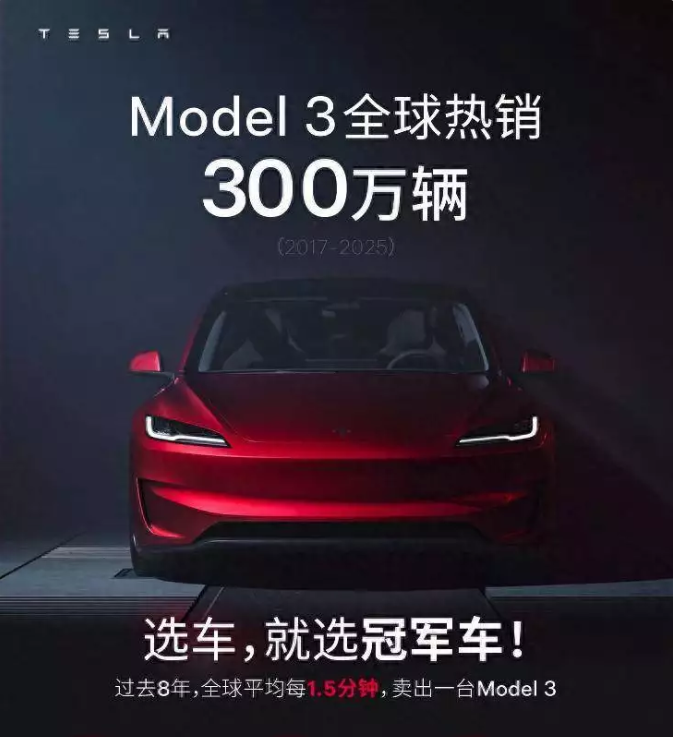 特斯拉：2025年Model 3全球销量达300万辆，连续7年纯电销冠
